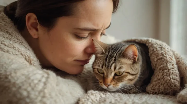 A worried cat owner examining their sick cat for fever symptoms.