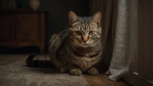 A cat sitting still, staring intently with perked ears, slightly dilated pupils, and a focused body posture, highlighting feline body language.