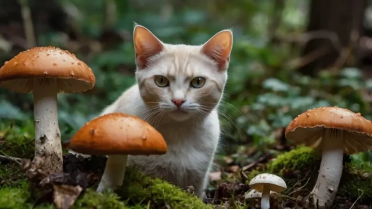 Curious cat near mushrooms, showing caution around safe and toxic varieties.