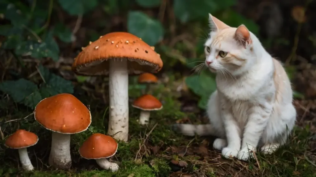 Cat looking at mushrooms, with some safe and some toxic varieties visible