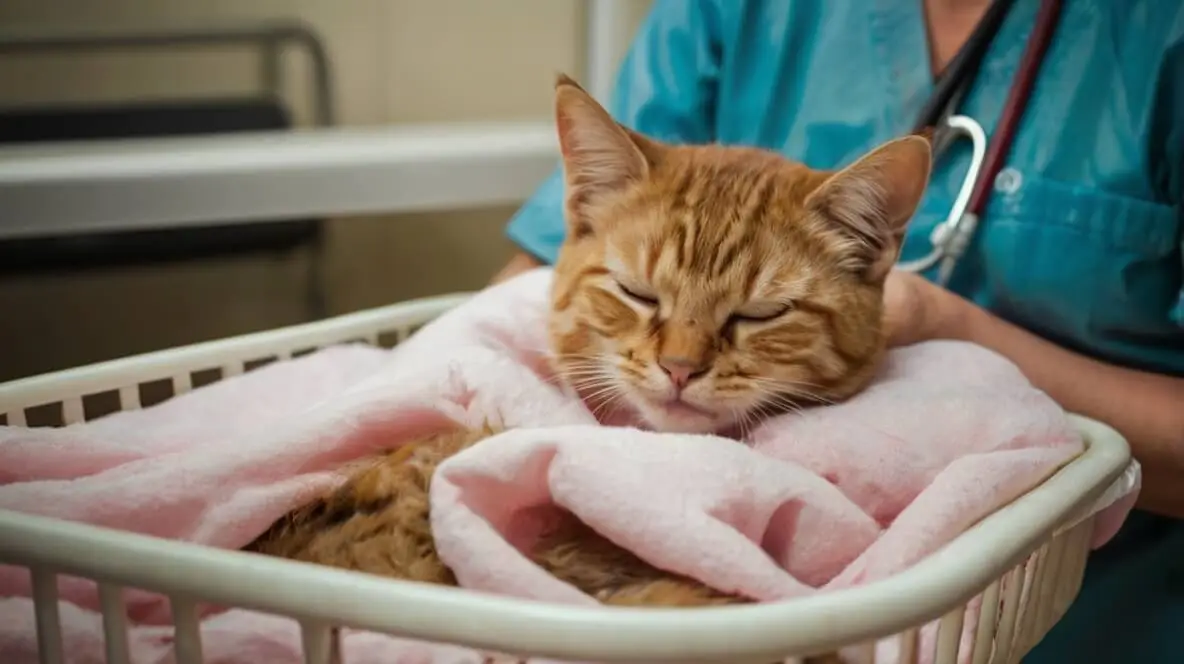 A pregnant cat kneading a soft blanket inside a cozy nesting box