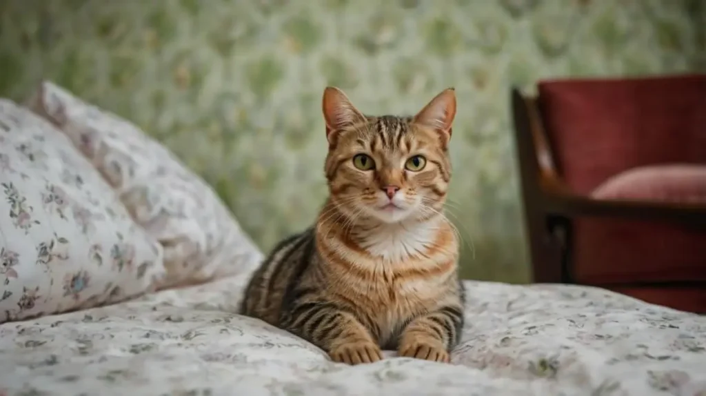 A pregnant cat resting comfortably on a soft blanket with a visible baby bump