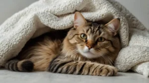 A cat lying on a blanket, looking tired with signs of fever.