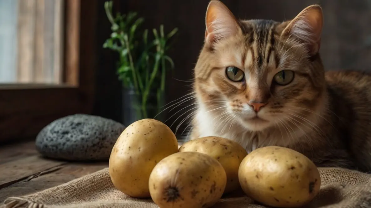 A curious cat sitting next to a pile of fresh potatoes.