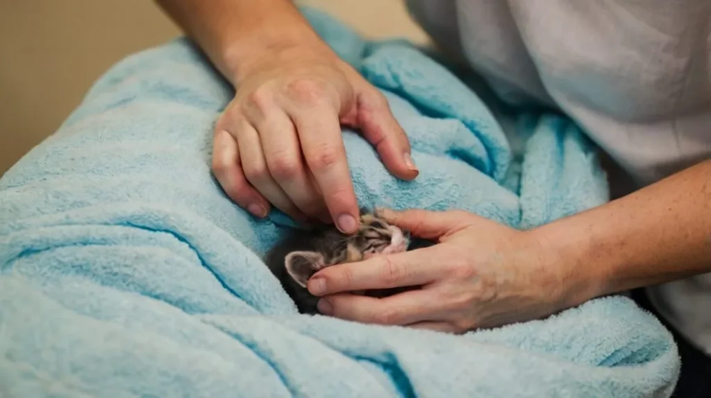 A mother cat lying in a cozy bed, nursing her newborn kittens