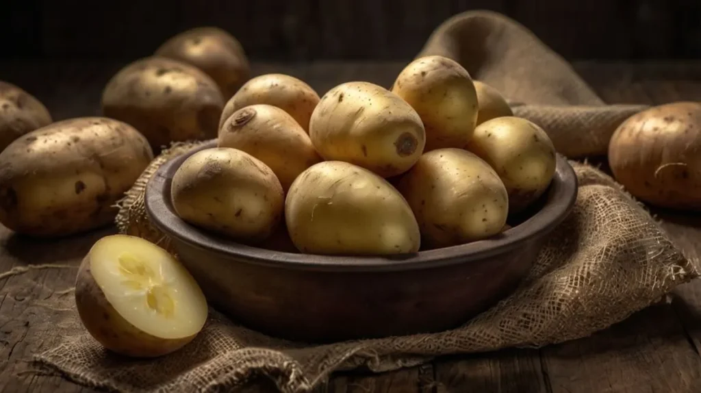 A close-up of raw potatoes on a wooden surface