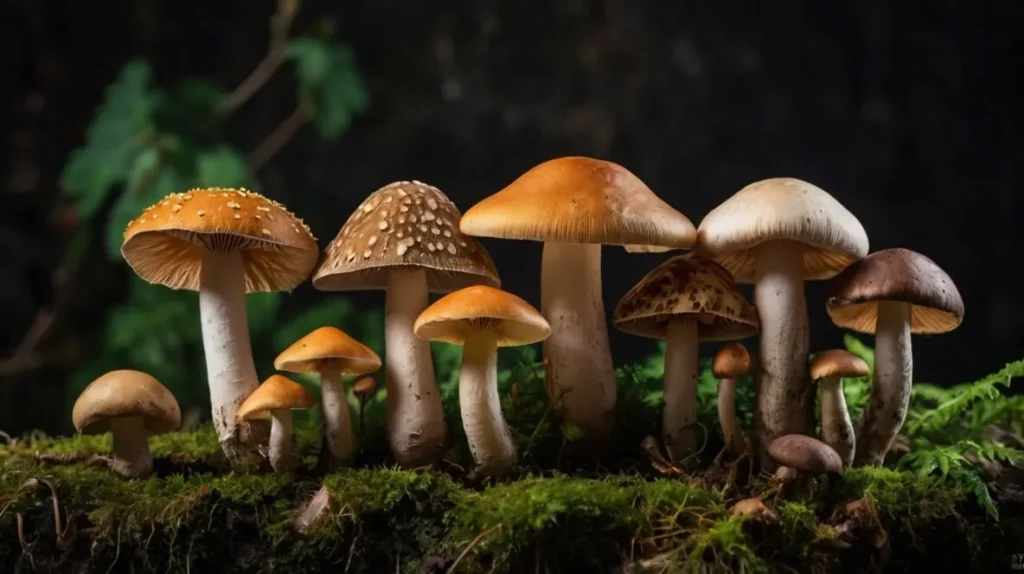 A variety of mushrooms, including toxic and non-toxic types, displayed on a wooden surface