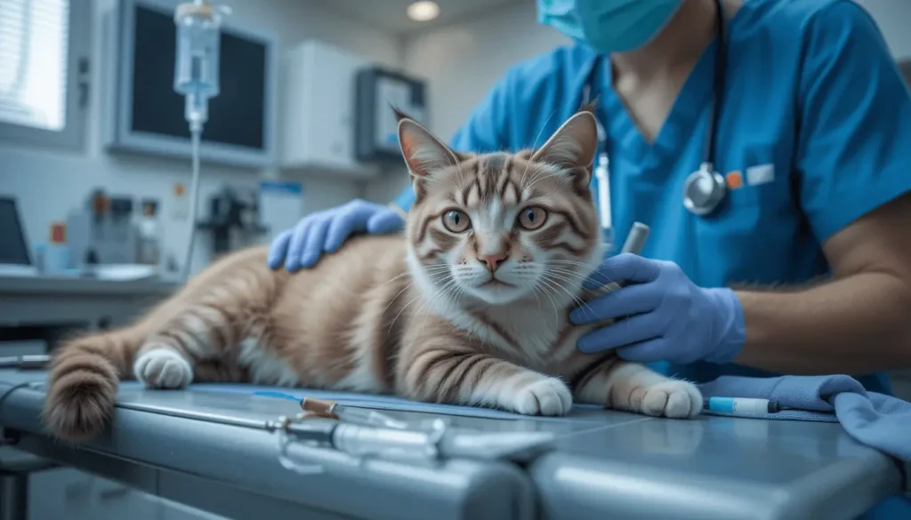 A calm cat being vaccinated for parvo, with a veterinarian gently giving the injection. The cat is resting on a clean exam table, surrounded by medical tools in a veterinary clinic.