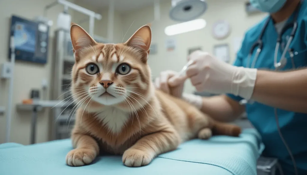 A veterinarian administering a parvo vaccination to a calm cat on an examination table. The vet is wearing gloves and a mask, while medical equipment is seen in the background of a bright clinic