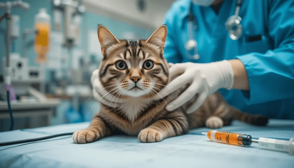 A cat being vaccinated for parvo by a veterinarian in a modern clinic. The vet, wearing protective gloves, injects the vaccine while the cat remains relaxed on the exam table.