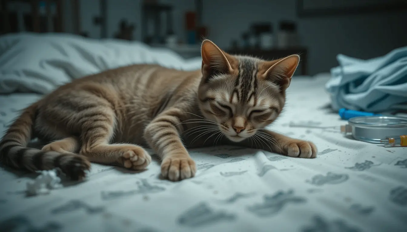 A sick cat at the veterinary clinic showing signs of parvo, such as lethargy and dehydration. The cat is resting on an examination table, while the vet observes its condition and prepares to administer treatment.