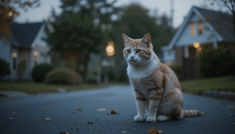 A lost cat sitting near a streetlight at night, looking around anxiously in a quiet suburban neighborhood.