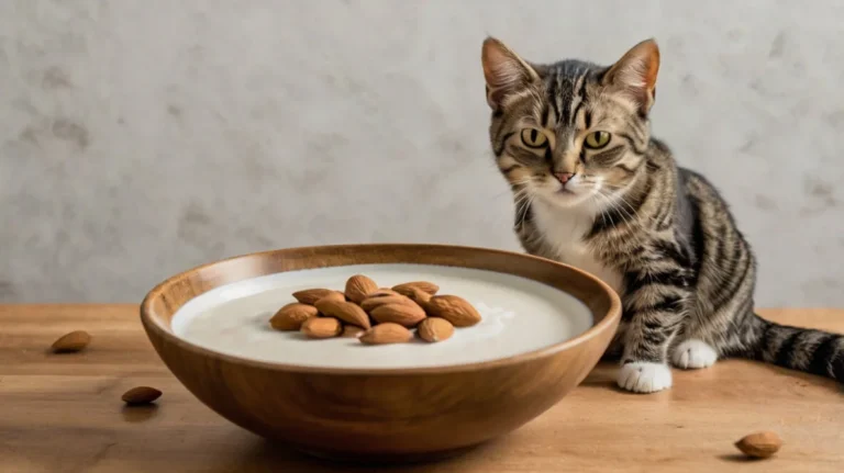 An orange tabby cat curiously sniffing a glass of almond milk on a bright kitchen counter with natural sunlight and cozy surroundings.