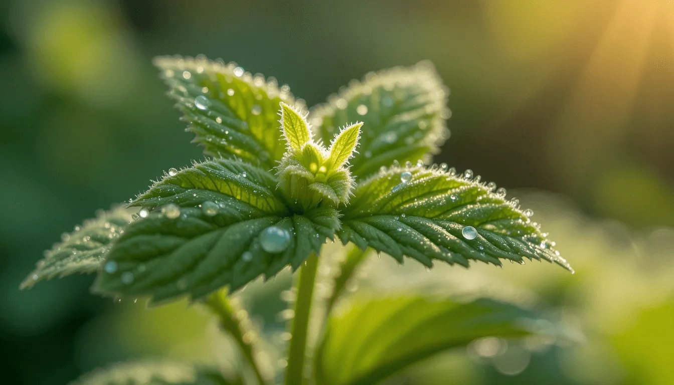 Close-up macro shot of fresh catnip leaves with dew droplets, sunlight highlighting the veined texture and fuzzy surface, shallow depth of field
