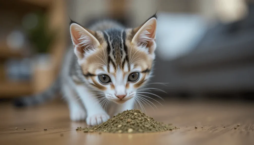 Kitten sniffing a small pile of catnip with curious head tilt, whiskers forward, bokeh background of living room environment