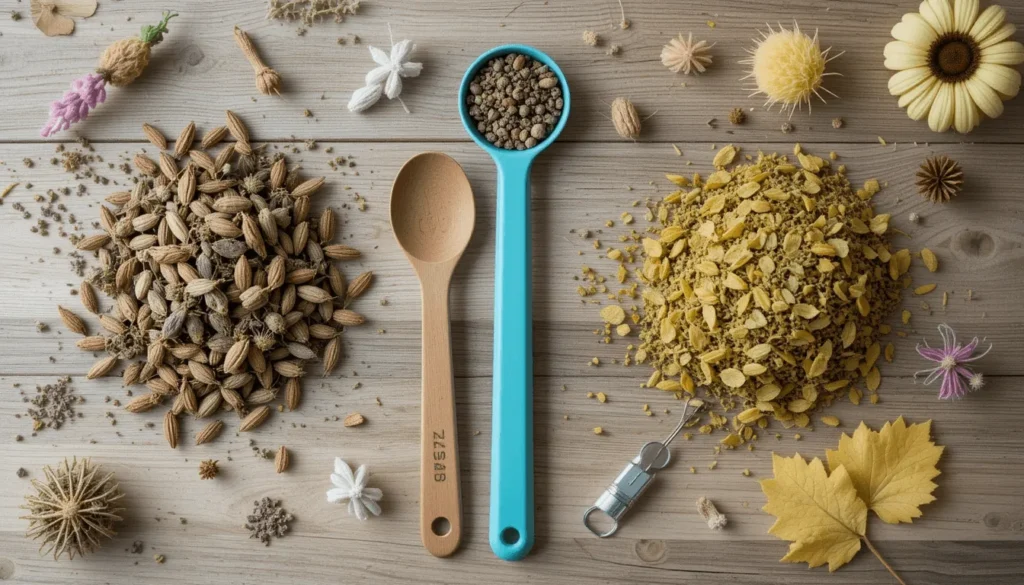 Comparison flat lay showing dried vs fresh catnip, measuring spoons, and cat toys on a rustic wooden background with soft natural lighting